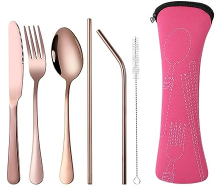 Dreneco 6 Pieces Flatware Set Include Knife, Fork, Spoon, Straws & Brush, Stainless Steel Cutlery Set with Organizer Bag for Traveling Camping Picnic Working Hiking (Rose Gold with Pink Bag)