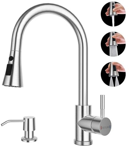 BLYLUND Kitchen Faucets with Soap Dispenser, Brushed Nickel Kitchen Faucet with Pull Down Sprayer 3 Modes, Stainless Steel Modern Kitchen Sink Faucets High Arch Single Handle Faucet