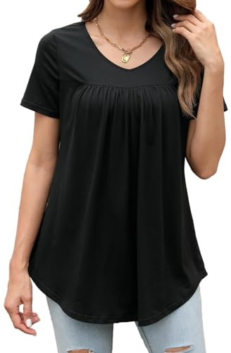 Enmain Femmes Tunique Tops Uni Plissé Col en V Blouse Manches Courtes Imprimé Floral Tunique Chemisier Henley Chemises pour Dames Coupe Ample Noir L