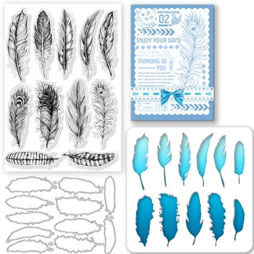 GLOBLELAND 3Set Timbri Trasparenti In Silicone con Piume A Strati Fustellati In Metallo con Piume, Stencil per Verniciatura PET, Modello per Creazione di Carte e Goffratura Fai-Da-Te, Scrapbooking