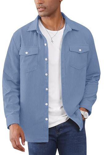 EKLENTSON Men's Corduroy Shirt Jacket Long Sleeve Shacket LightBlue XL