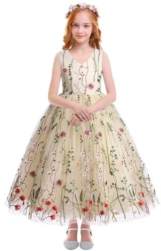 Flower Girl Dress, Kids First Communion Dresses Floral Embroidery Sleeveless V-Neck Mesh Tulle Princess A-line Puffy Wedding Bridesmaid Evening Formal Party Pageant Birthday Prom Gown Apricot 7-8Y