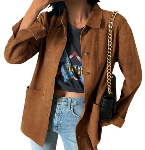 Tankaneo Womens Faux Suede Shirts Jackets Casual Button Down Long Sleeve Shackets Coat Trendy 2025 Spring Clothes
