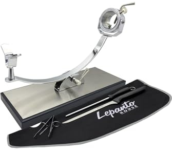 FERRETERIA LEPANTO Professioneller Schinkenhalter, drehbar und kippbar, Schinkenhalter mit MDF-Basis und Edelstahlplatte, Modell Serrano (Set mit schwarzen Bögen)