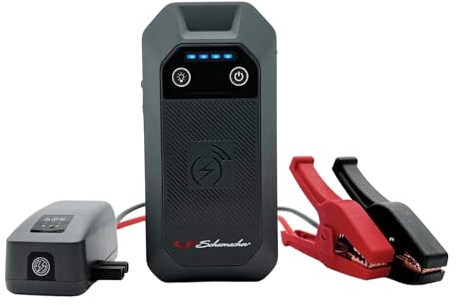 Schumacher Electric Compact SBX505 - Arrancador Coche 1500A 12V - Booster Litio con Pinzas Seguras - Gasolina 8L / Diésel 6L - USB-C, Carga Inalámbrica, LED - Override y Pre-Heating