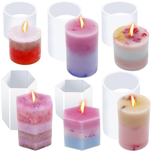 EuTengHao Moule à Bougies en Silicone Cylindrique & Hexagonal - Réutilisable, Élégant & Démoulage Facile pour DIY, Décoration Maison, Cadeaux de Fêtes (6 Pièces)