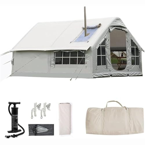 Aufblasbares Zelt, 6-8 Personen Zelt aufblasbar für Camping mit Ofenloch & Luftpumpe, Familienzelt Großes Zelte Haus, 4-Saison Outdoor Wasserdicht Glampingzelt Schnellaufbau (Gray)