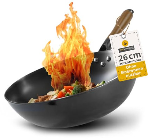 asiastreetfood Der perfekte Wok, Ø 26cm – Robuster Carbonstahl-Wok mit flachem Boden - Holzgriff – Geeignet für Gas-, Induktionsherd & Ceranfelder – Ohne Einbrennen für asiatische Gerichte