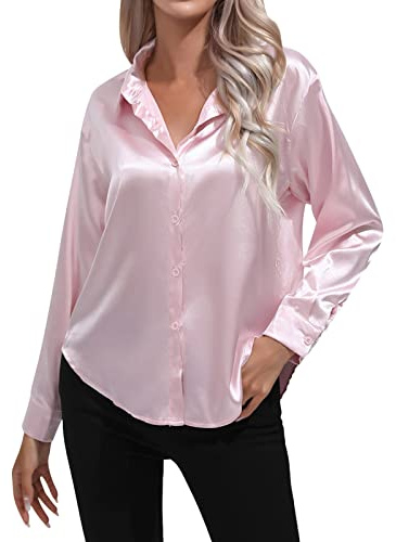 Blusa a cuadros para mujer de manga corta de satén camisa de satén de seda sintética de manga larga primavera verano ropa europea americana mujer blusa blanca mujer 48, Rosa., M