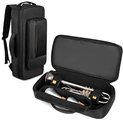 LoDrid Mochila de Almacenamiento para Trompeta, Estuche de Transporte para Instrumentos Musicales con Forro de Algodón Grueso, Bolsillo Separado para 2 Sordines, 2 Formas de Transporte, Negro