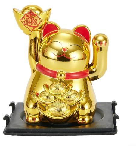 Chat porte-bonheur décoratif à énergie solaire de 5,1 cm avec bras oscillants automatiques, convient pour tableau de bord de voiture, bureau, symbole de richesse Feng Shui (or brillant)