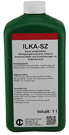 ILKA® - SZ Rimuovi residui cementizi - concentrato detergente | 1 litro | Detergente efficace contro l'annebbiamento del cemento, le efflorescenze e la ruggine | Detergente anticalcare per pietra naturale, pietra artificiale, calcestruzzo e clinker