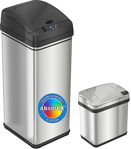 iTouchless 13 Gallon and 2.5 Gal Sensor Kitchen Trash Can with Lid and Bathroom Trashcan Combo Set, Stainless Steel Garbage Recycling Bins with Odor Filter for Home Office Garage Bedroom Living Room