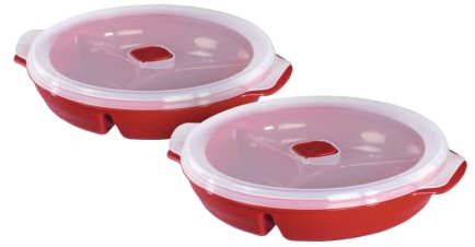 Xavax Mikrowellenteller Set Deckel, 2-teilig (Menü-Teller 3 Fächern, Einfrieren/Erhitzen von Speisen, verschließbares Mikrowellen-Geschirr spülmaschinenfest) Rot