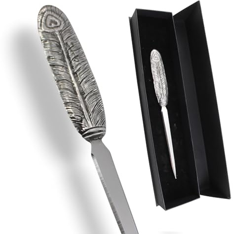 Cavagnini, Eleganter Brieföffner aus Edelstahl und Zinn, inklusive Geschenkbox (Feder)