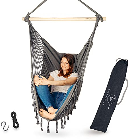 BELLAMATILDA® Hängesessel inkl 3 Kissen + 360° Montagezubehör - Outdoor & Indoor XXL Hängeschaukel für Erwachsene & Kinder - Hängesitz/Hängestuhl bis 150kg für Garten, Wohnzimmer, Balkon (O.Gr.)