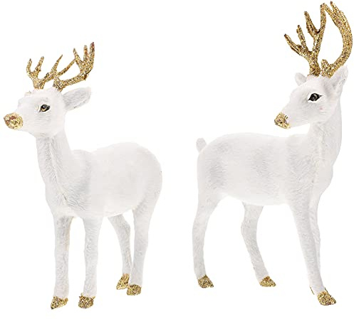 YARNOW 2Pcs Figurines Renne et Cerf Sika Blanc Figurine Renne de Noël, Décoration pour Cheminée, Table et Maison, Statue Cérin en Résine et Fausse Fourrure