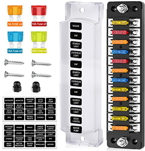 Nilight 12 Way Fuse Block with Negative Bus 12V Blade Holder ATC/ATO Standard Box Label Stickers Waterproof Cover Panel for Automotive Cars Trucks RVs Campers Vans