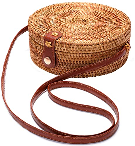 Right 20 Sommer Stroh Handtasche Damen Handgewebte Tasche, Sommer Strandtasche Cross Body böhmische handgefertigte Mini Stroh Einkaufstasche Damenhandtasche (Rattan-leather Buttons)