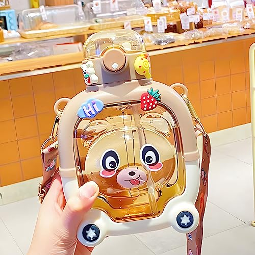 SIMDAO 1000ml Kawaii Bear Water Bottle, Cute Drinking Bottle with Straw, Stickers,Leakproof and BPA-free Water Bottle for Kids Girls boys School Outdoor Travel