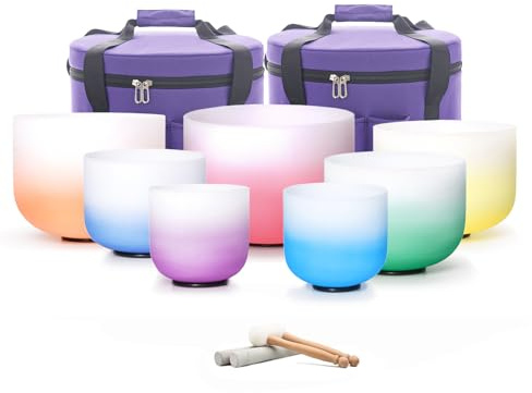 Hye-eun Lot de 7 bols chantants en cristal de 17,8 à 30,5 cm 432 Hz pour yoga, méditation avec étui de transport robuste (Dégradé de couleur, 7 pièces)