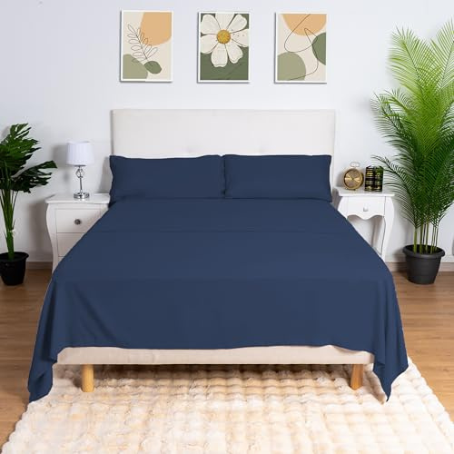 H HANSEL HOME Juego de Sábanas Cama 150, Juego Sábanas 150x190/200cm 4 Piezas, Microfibra Extra Suave, Sábanas Bajera Ajustable, Encimera, 2 Fundas de Almohada - Juego Sabanas Azul Marino