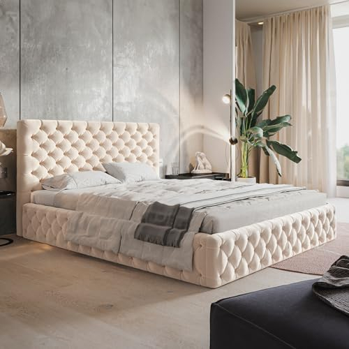 MOTIVENA Dalia Chesterfield Polsterbett 180x200 Mit Bettkasten und Stauraum, Kopfteil Samt, Ohne Matratze, Beige Creme