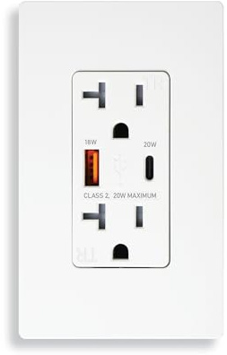 LEKXAN 20A Quick Charge USB Outlet, Type A & C USB Ports, Wall Socket for Smartphones, Tablets, and More, Tamper-Resistant Decora Receptacle, Screwless Wall Plate Included, UL Listed (1, White, 20A)