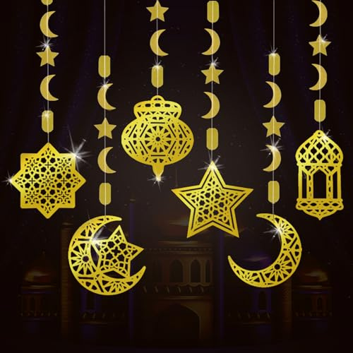 AhfuLife Adornos Colgantes de Eid, 6pcs Adornos Colgantes Guirnalda de Lunares Dorados, Decoración de Eid para Familias de Fiesta, Papel Decoración Colgante del Techo de Ramadán Mubarak