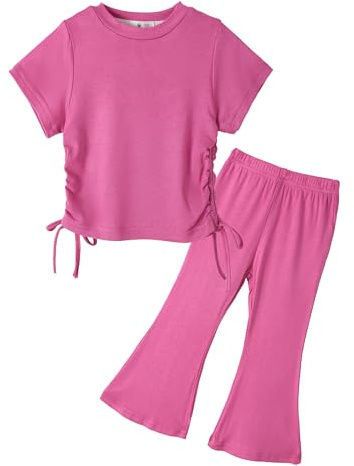 Miipat Bambine Set di Vestiti Top a Maniche Corte Abbinato Pantaloni 2 Pezzi Outfit Casual Morbidi per Bambine Abbigliamento Estivo per Ragazze Rose 130 5-6 Anni