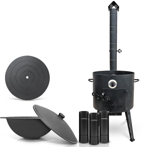Horno de 40 cm de diámetro, 43 cm de diámetro, 4 anillas, diámetro de 42,5 cm (12 L), fondo plano con termómetro de extensión de chimenea (set – 553)
