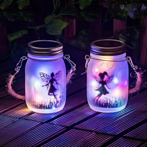 Lanterne Solaire Exterieur, 2 Pièces Lampe Solaire Suspendue, Fée de Papillon Dans un Bocal, LED Étanche Lampe de Jardin, Étanche IP44, Pour Jardin et Intérieur, Décoration (Blanc Chaud)
