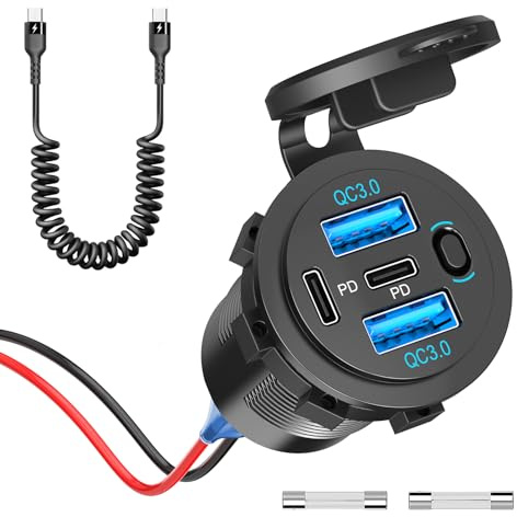 Prese USB C 12V 90W 4 Porte, Doppia PD 36W e Doppia QC 18W USB Caricabatteria 12 Volt per Auto Adattatore Accendisigari Impermeabile con Interruttore e Cavo da C a C per Barca,Autobus,Camion,Golf,Moto