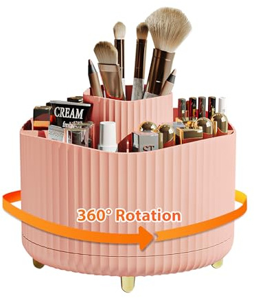 Veki 360°Rotating Makeup Brush Holder Organizer, Makeup Organiser for Dressing Table, Cosmetic Brush Holder for Bathroom Vanity, Cosmetic Brushes Container Storage for Lipstick Eyeliner (Pink)