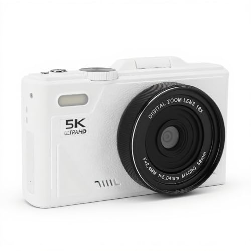 Cámara Digital de 5k, Cámaras Digitales de 75MP para Fotografía, Pantalla Digital de 5 Pulgadas de Autocococo 18x, Correa de Mano, Portátil Compacto para Adolescentes para Adultos (Black) (White)