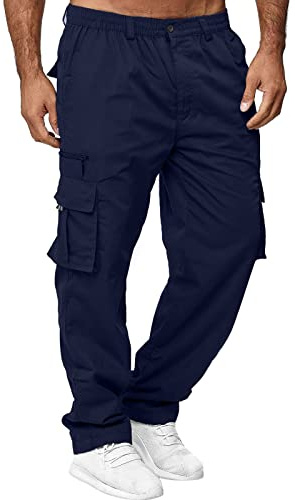 Generico Eleganta Baggy Cargobyxor för Män, Casual Sportbyxor, Behagliga Lätta Vandringsbyxor i Bomull, Trekkingbyxor, Byxor med Sidfickor, Slim Fit med Sidfickor, Estiva Cargobyxor, Marin, 3XL