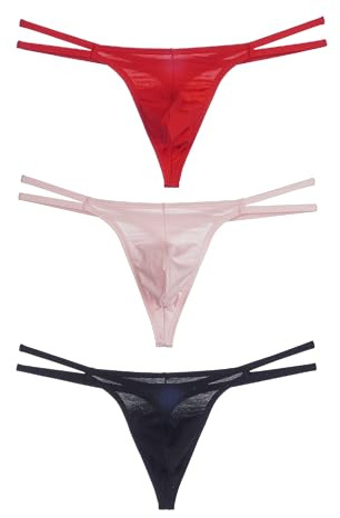 WOWSKY Men's Cotton Thong G-String with Double Waistband - Bulge Pouch Sexy and Seamless Black/Red/Pink 3 Pack (XL)