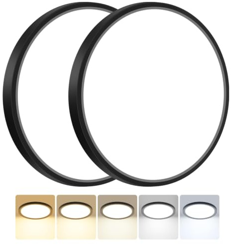 Peasur 2Pack Bathroom Light, 3000K/3500K/4000K/5000K/6500K 5 Color Temperature LED Ceiling Light, 24W 2800LM,Waterproof, Round Flush Ceiling Light for Bathroom, Kitchen, BedroomØ33CM(Black)