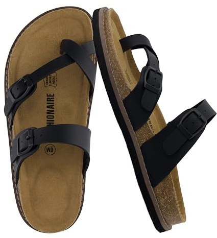 CUSHIONAIRE Pluto Cork Footbed Summer Sandals for Women 2025 Comfortable Slides with Adjustable Buckles, Toe Loop & Stitched Design – Stylish Slip On Women Footwear, BLACK 11W