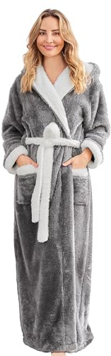 PJGGZ Long Robes For Women Floor Length, Fluffy Fleece Warm Cozy Hooded Bathrobe Plush Luxury Plus Size Winter Housecoat (Dark grey/White,S/M)
