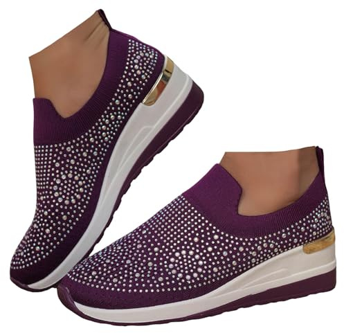 Xbemkste Damslip-on-sneakers med kilklack, bekväma slip-on skor med strass, glitter, fritidsskor, ventilerande damskor, lediga promenadskor, Mörklila, 38.5 EU