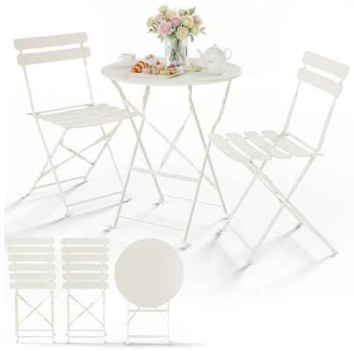 VOUNOT® Conjunto de 1 Mesa y 2 Sillas Plegables de Metal Set de Bistro Compacto Resistente a Intemperie y UV Juego de Muebles de Jardín 3 Piezas para Balcón Jardín Terraza Patio Exterior Crema