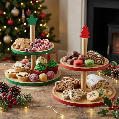 URBNLIVING Bamboo 2-Tier Serving Stand – Christmas Cake & Cupcake Display Rack, Food Platter for Parties & Festive Events