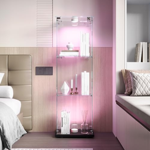 Glasvitrinskåp med LED, stående glasvitrinskåp, skåp med 1 dörr och 3 våningar, vitrinskåp, glasskåp, samlarvitrinskåp för vardagsrum, kontor (svart – 1 dörr, med ränderande ljus)