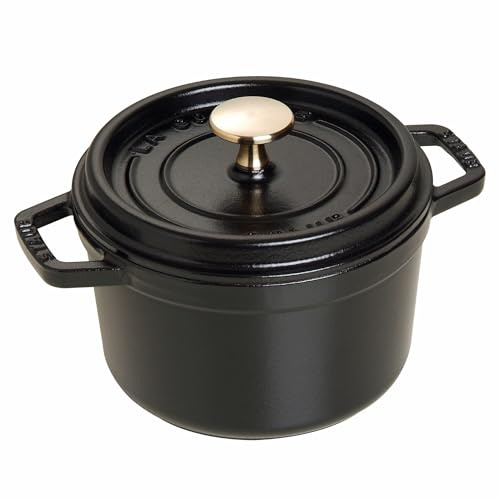 STAUB Cast Iron Dutch Oven 1.25-qt Round Cocotte, Made in France, Serves 1, Matte Black