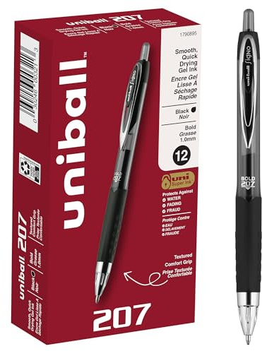 uniball 207 Retractable Gel Pens, Bold Point (1.0mm), Black, 12 Pack