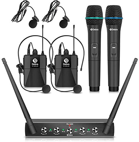 Audio Pro UHF 4-Channel Wireless Mic System, Handheld, Lavalier & Headset, Metal Receiver for Karaoke, Church, Party (Set A with 2 Handheld & 2 Bodypack)