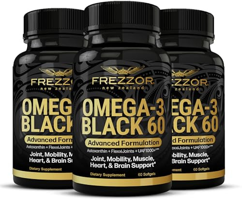 FREZZOR Omega 3 Black for Joint Care & Comfort - New Zealand Green Lipped Mussel Oil Capsules; 53x Higher Potency with UAF1000+ Super Antioxidant, No Fishy Aftertaste, 60 Count (Pack of 3)