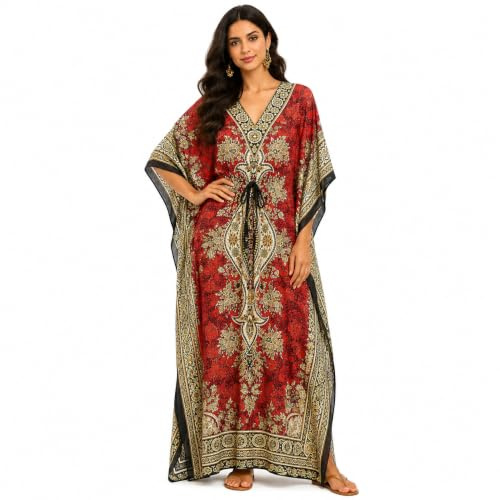 Art Of Creation Women's Kaftan Dress Maxi Long Dress Night Gown Caftans Dresses 3/4 Sleeve Top Nightdress Plus Size Tunic Kaftans House Dresses Color-Red