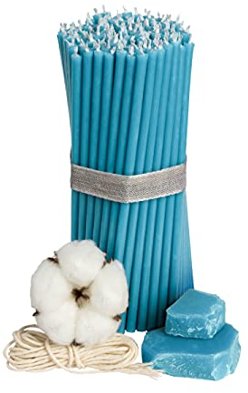 Ritualkerzen Bienenwachskerzen: L-16 cm, Ø-5,0 mm, Brenndauer 30 Min; natürlich, tropffrei, rauchlos. Dünne Kirchen Qualität, aus Bienenwachs №140 (100 Stück - 285 g, Hellblau)
